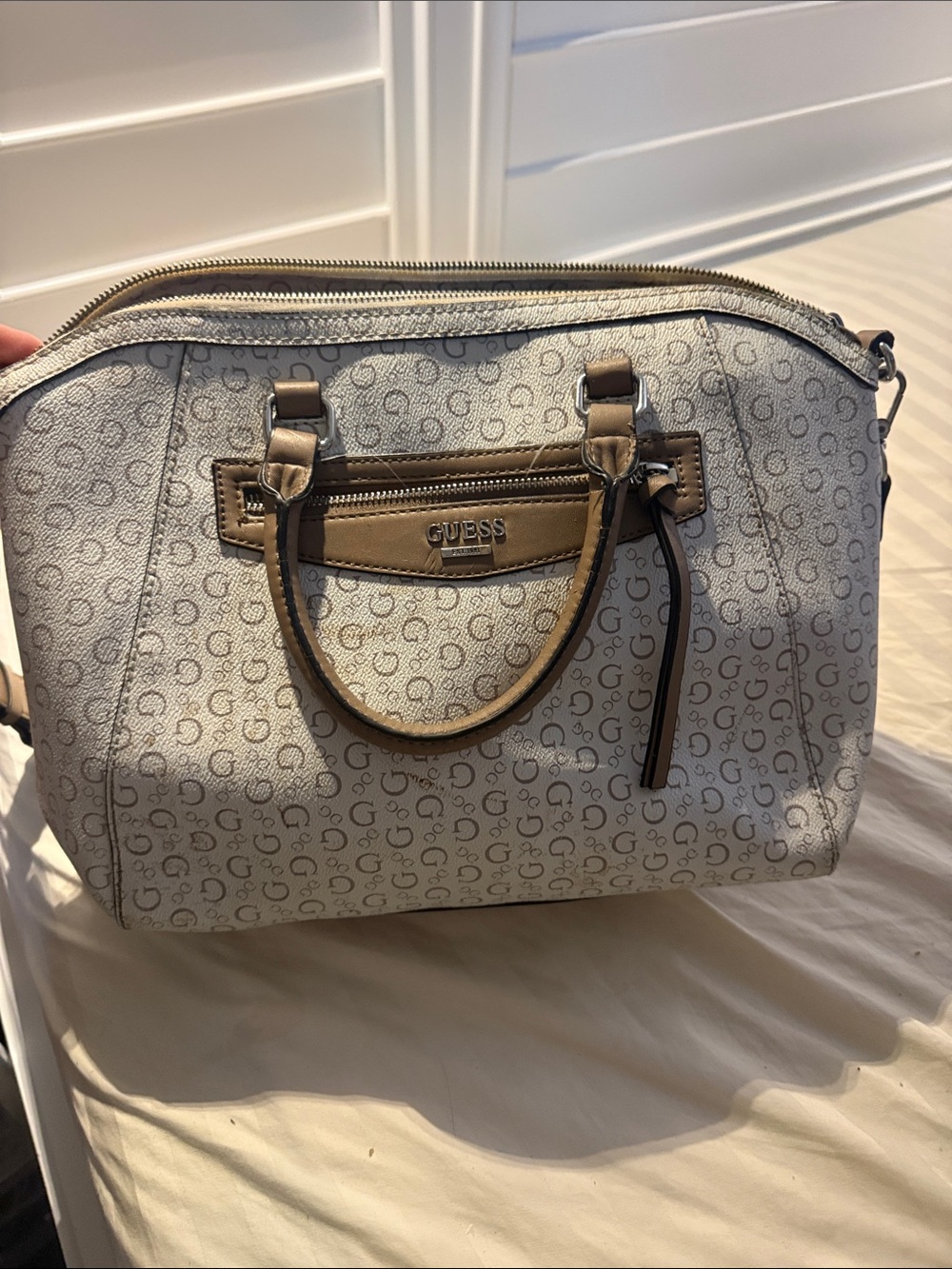 GUESS Cream Monogram Dome Satchel with Taupe Trim